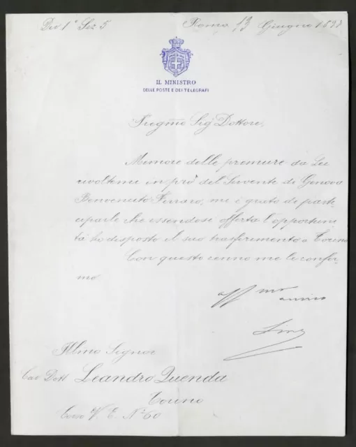 Lettera con autografo del Ministro delle Poste e Telegrafi Emilio Sineo - 1897