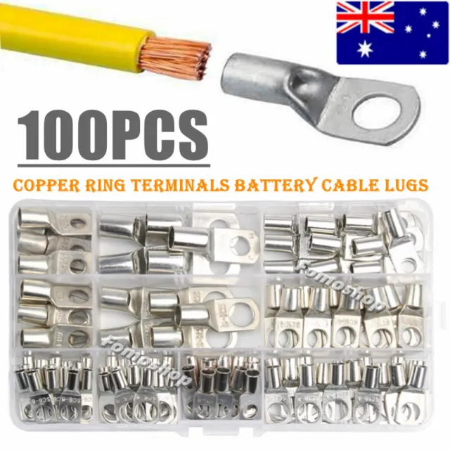 100PCS Assortment Wire Copper Ring Terminals Battery Cable Lugs Crimp Connectors