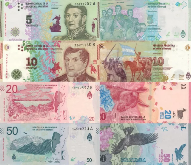 Argentina 4 PCS Set: 5, 10, 20, 50 Pesos (2017-2020) - p-359A, p-363B UNC