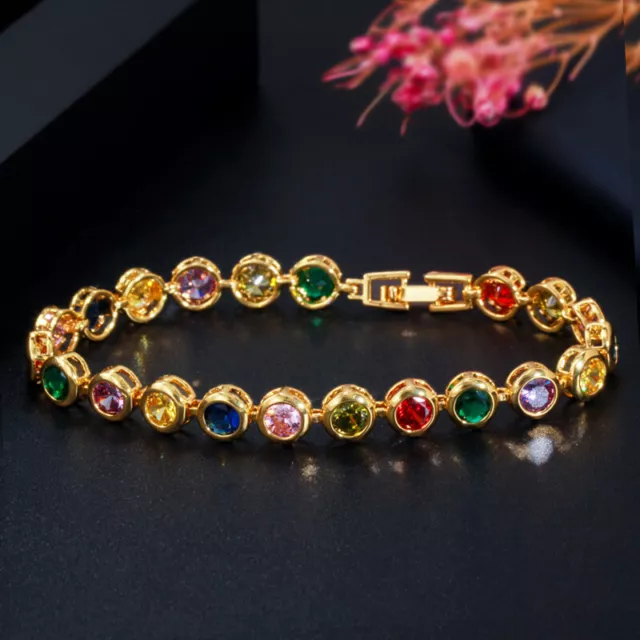 Classy Gold Color Multicolor Rainbow Round CZ Women Chain Link Bracelet Bangle