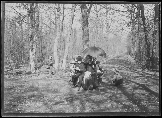 Plaque verre photo ancienne négatif noir et blanc 6x9 cm forêt famille France