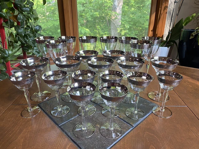 ANTIQUE Estate Crystal Glass Sterling Silver Rimmed Stemware Set Of 23