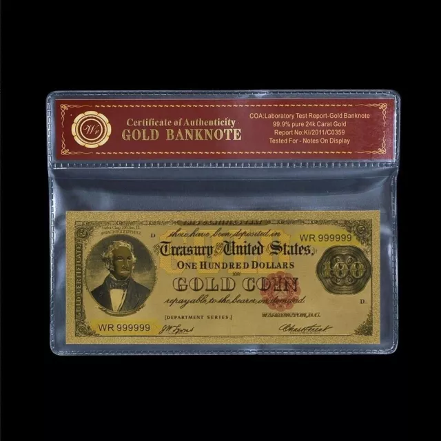 1882 $100 Gold Coin BankNote Collectible Gold Plated with Bag & Certificate