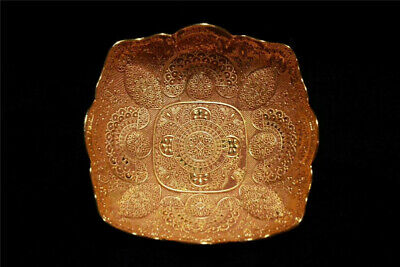 4.84"Tibet Tibetan style Pure copper gilt carve flower Handmade fruit plate bowl