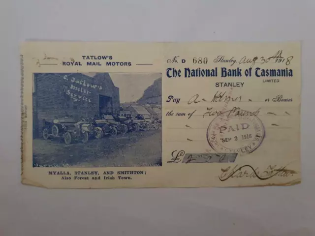 Antique Cheque The National Bank Of Tasmania Stanley Tatlow's Royal Mail Motors