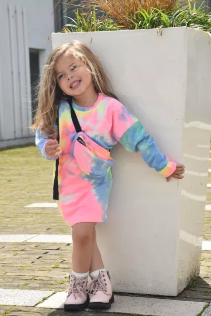 New Kids Girls Long Sleeve Tie & Dye Party Dress With Bag Ages 2-12 years