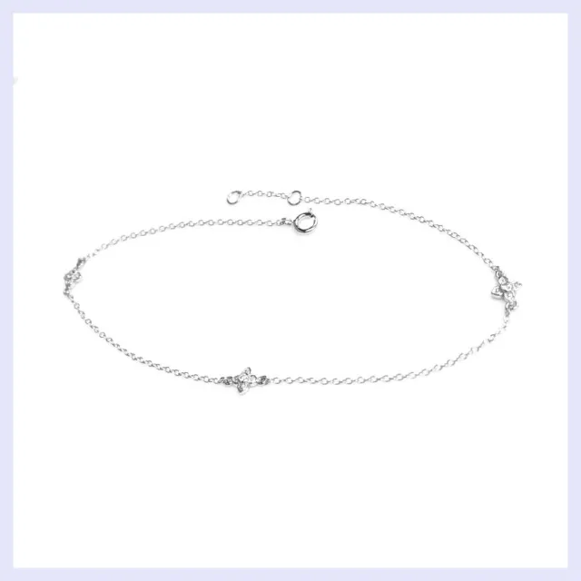 Sterling Silver Flower Clear CZ Link Rolo Cable Chain Anklet w/ Extender 9"