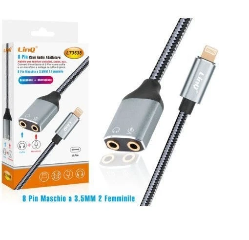 Cavo Adattatore Audio Da 8 Pin Maschio A 2 Jack 3,5mm Femmina Lt3538 linq