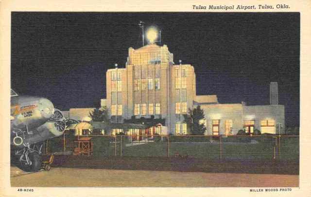 Tulsa Municipal Airport Night Oklahoma linen postcard