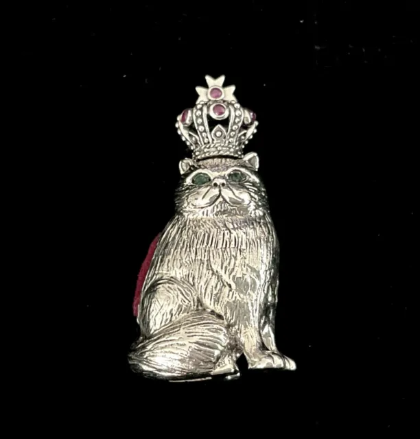 Sterling Silver Ruby Victorian Royal Cat with Crown Miniature Pin Cushion figure