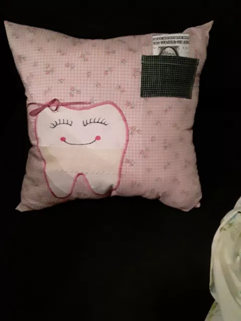 100% Cotton Fabric Tooth fairy pillow. W/ Pocket. Adorable.  Pillow. -13" x13"