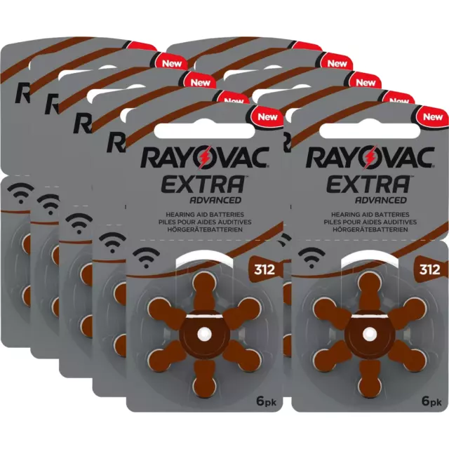 60 pilas de audífonos Rayovac Extra Advanced tipo 312 PR41 1,45 V 10x6er Bli.