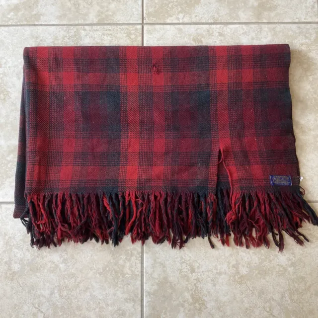 Vintage 70s Pendleton Plaid Large Blanket Red Black Throw 100% Wool USA 65x51