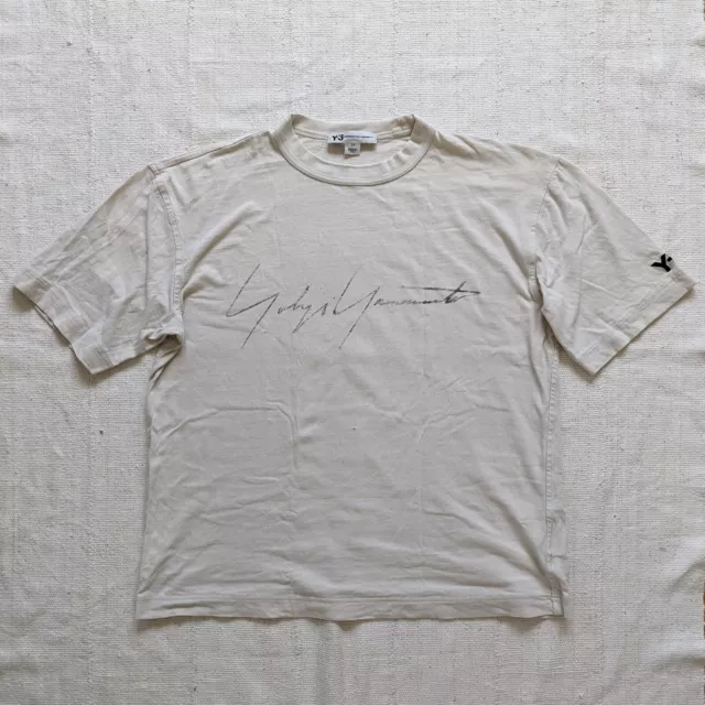 Y-3 Yohji Yamamoto Signature Logo T Shirt White Small Oversized Adidas Distress