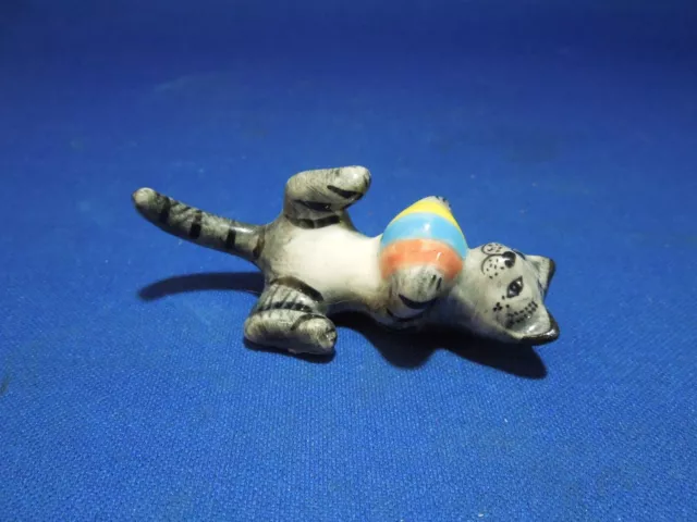 Vintage Miniature Figurine Striped Cat Playing with Ball Laying on Back
