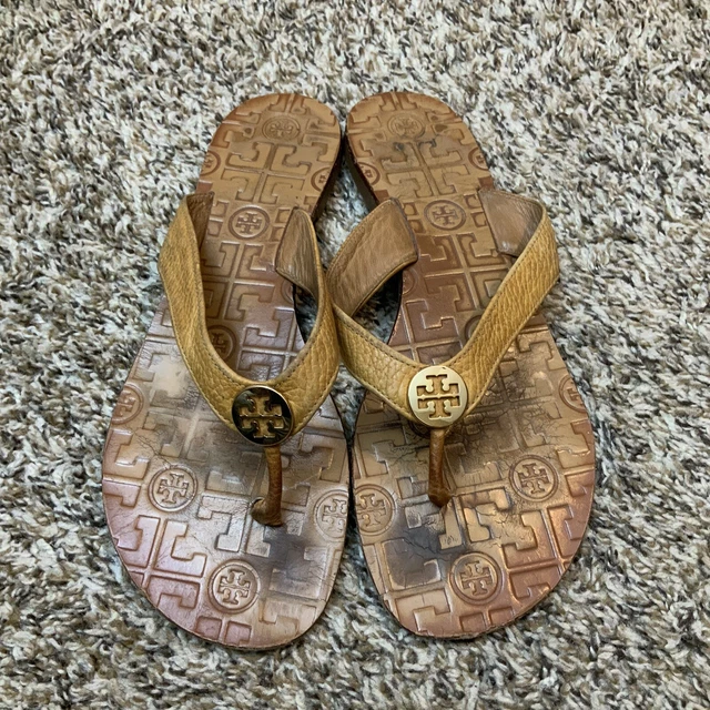Tory Burch Thora Sandals Thong Leather Gold Logo Flip Flop Women’s Size 9 M