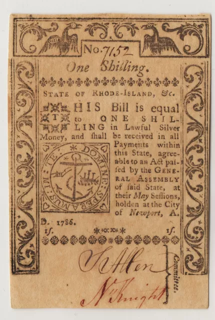 Excellent AU/CU 1786 Rhode Island Colonial Currency 1 Shilling