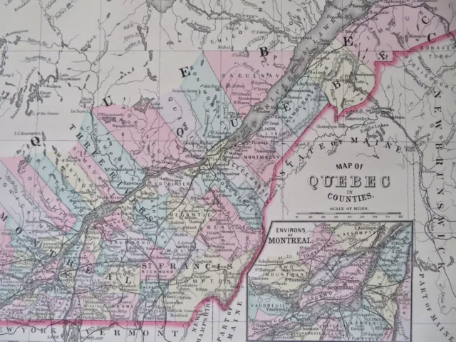 Quebec Canada Montreal 1887 large hand colored Bradley-Mitchell map