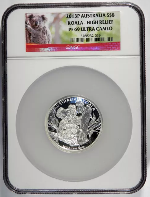 2013 P Silver Australia High Relief ~ $8 Koala 5 Oz Proof Coin ~ Ngc Pf 69 ~ Box 2013 P Silver Australia High Relief ~ $8 Koala 5 Oz Proof Coin ~ Ngc Pf 69 ~ Box