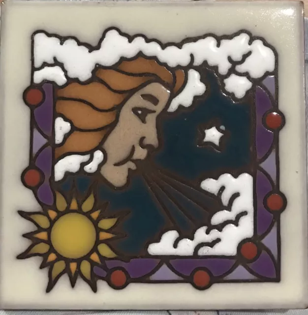 Vintage Sun Star Clouds Wind Painted Tile 4" x 4"  Terra Cotta Made In Italy A30