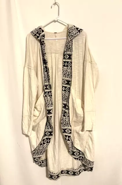 Free People Womens Cardigan Large Open Front Longline Cotton Cream Hoodie Boho