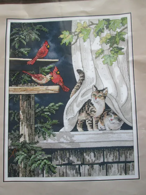 Dimensions Sunset Curtain Call Cats Birds Stamped Cross Stitch Opened 13105