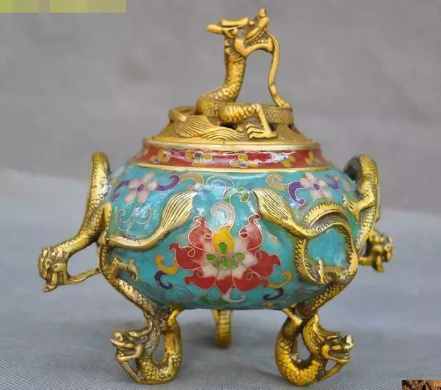 Chinese temple bronze Cloisonne enamel Gilt Dragon Incense burner Censer statue