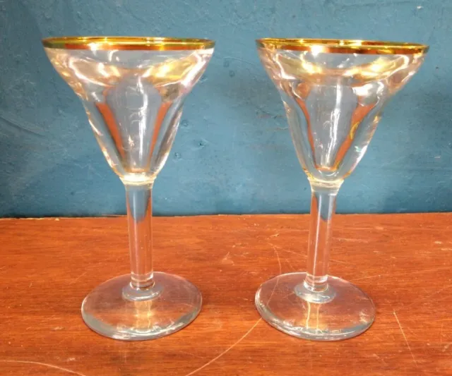 Vintage French Bar Glasses Pair. 1950's Heavy Apero Digestive Gold Rim Illusion