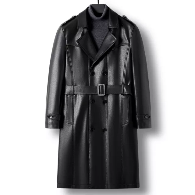 MEN SHEEPSKIN LEATHER Overcoat Lapel Collar Double Breasted Long Trench ...