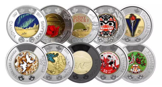 🇨🇦 Full Set Canada Colored Toonie Rare $2 Dollars 10-Coins Set, 2017 - 2023