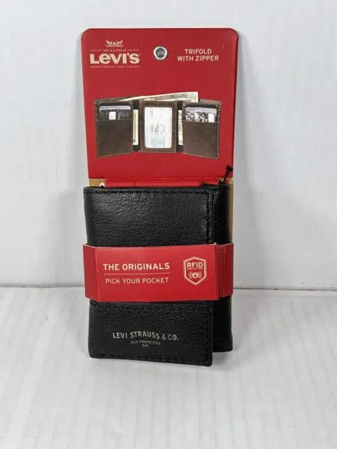 NEW Levi's Men's Genuine Black Leather RFID-Blocking Trifold Wallet With Zipper