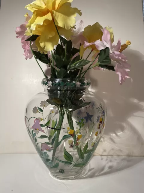 Vase Large  Art Glass Hand Painted Enamel Floral Rich Colors Vintage