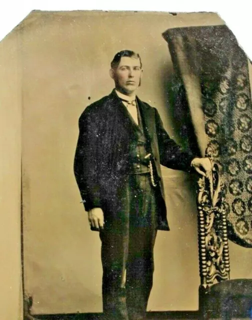 C.1860/70s Tintype Named ID McGrew. Handsome Man Sideburns. Suit & Bow Tie T31