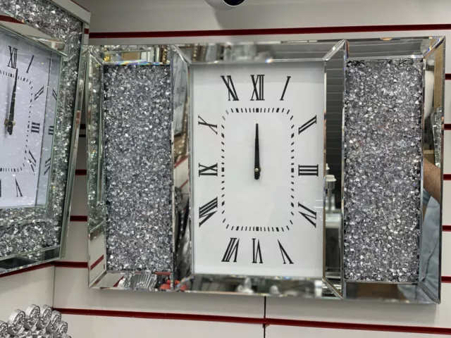 XXL Silver Crushed Diamond Sparkly Crystal Mirrored Mantel Wall Clock Bling