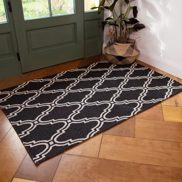 Black Trellis Flatweave Rug Moroccan Recycle Cotton Living Room Hall Runner Rugs