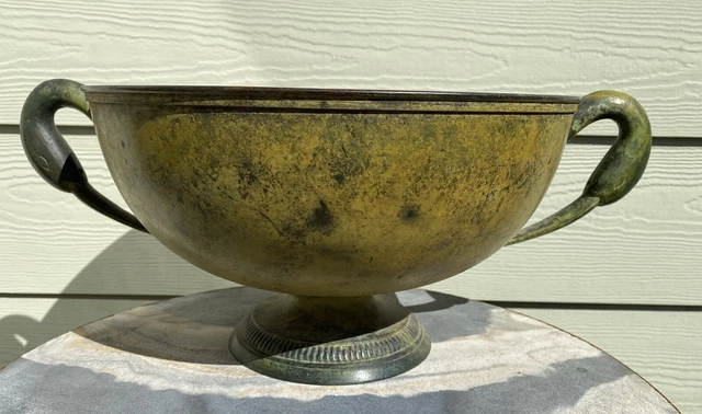 Heavy Decorative Footed Bowl w/ Crane Bird Head Double Handles Metal Green 12"