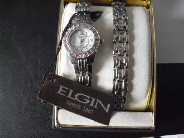 Beautiful Elgin Ladies Watch and Matching Bracelet with Swarovski Crystals NIB