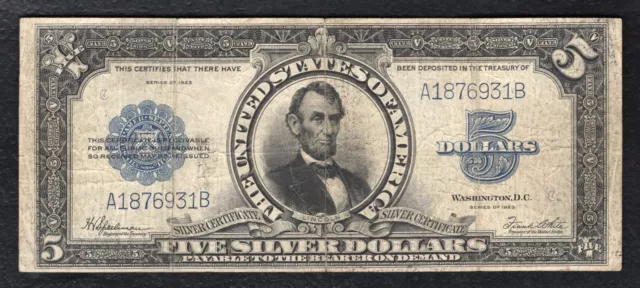 Fr. 282 1923 $5 Five Dollars “Porthole” Silver Certificate Currency Note Vf