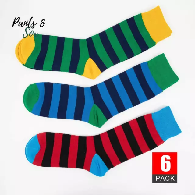 6 Pairs Mens Striped Socks Premium Cotton Crew Colorful Fun Novelty Socks