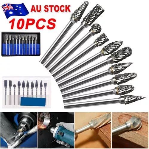 10pcs 3mm Shank Double Cut Carbide Rotary Burr Bur Die Grinder Carving Bit Set