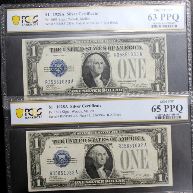 2) CONSECUTIVE 1928A $1 Funny Back Silver Certificate, PCGS 63 & 65 PPQ FR 1601