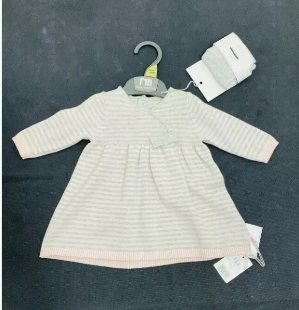 Ex Mothercare Baby Mädchen rosa grau gestreift Strickkleid & Strumpfhosen Outfit 6 9 12 18