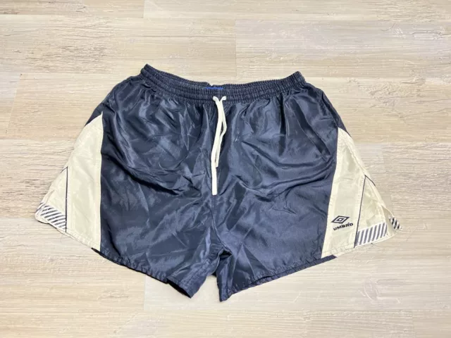 Vintage 1990s Umbro Soccer Shorts Nylon L Made In USA Blue White Lounge Gym Y2K