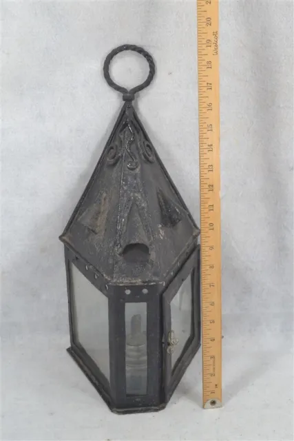 antique oil lantern lamp tin/glass tri corner carry handle 15.5 in. rare 18th