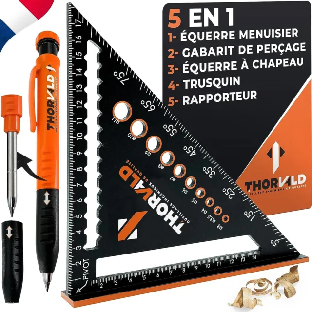THORVALD | Kit Equerre Menuisier 5-en-1 de 180mm + Crayon Chantier | Aluminium |