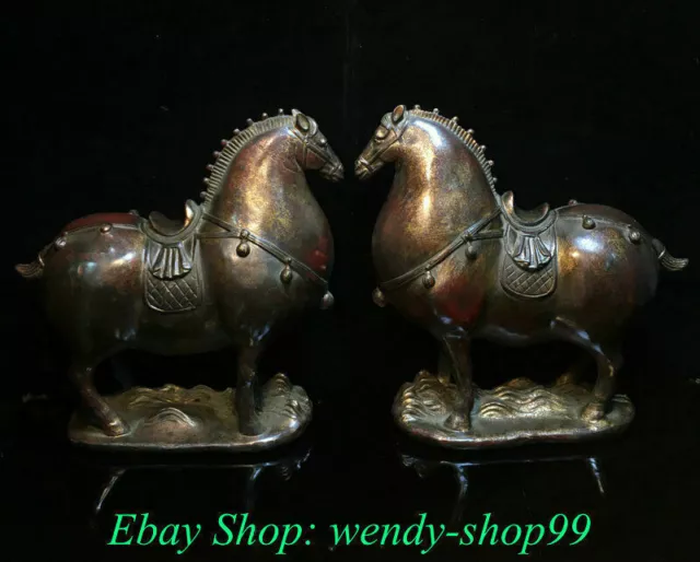 11" Old Chinese Purple Bronze Dynasty Palace Tang Horse fine horse Statue Pair