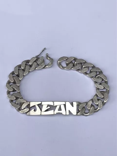 Grosse GOURMETTE BRACELET HOMME prénom JEAN en ARGENT MASSIF 78,88 g Vintage