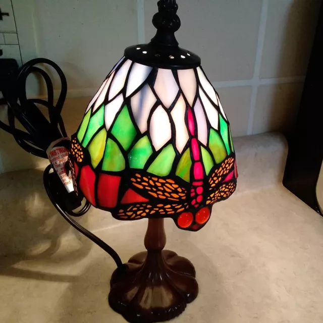 Beautiful Vintage Dragon Fly Stained Glass Lamp 10.5" high Switch In Cord