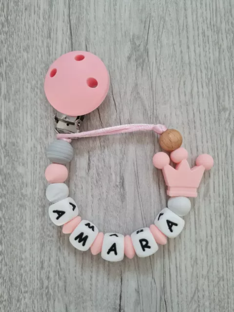 Personalised Silicone Baby Girl Pink Princess Dummy Clip Holder Pacifier Chain