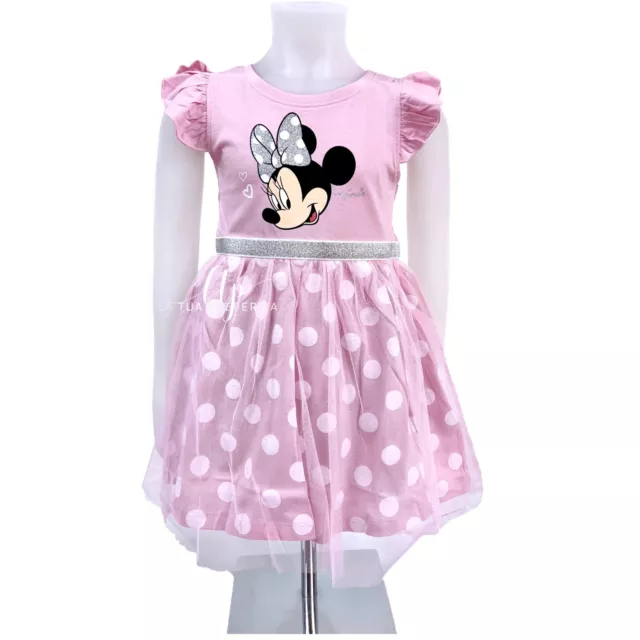 Disney Minnie Lunares Traje Verano Algodón Vestido Fiesta Elegante Niña 4-9anni